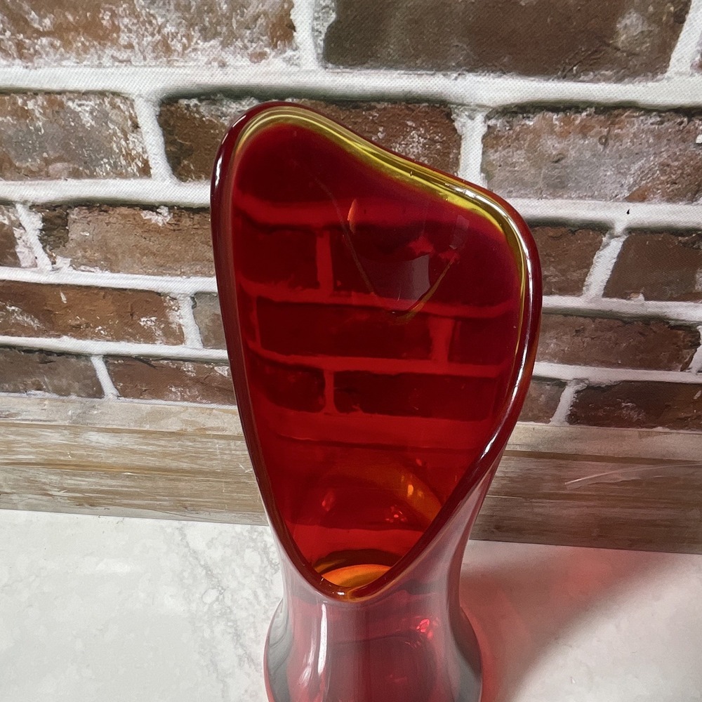 Red Art Glass Vase Amber Ruffled Rim 17" Tall 4" Wide Decorative Centerpiece - Picture 7 of 11
